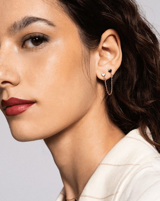 Orecchino double lobo catenella cuore con punto luce - orz-024 m2 cuo au